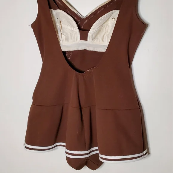 60s Sweetheart Brown Vintage One Piece Swimsuit with White Striped Lining - Picture 7 of 13